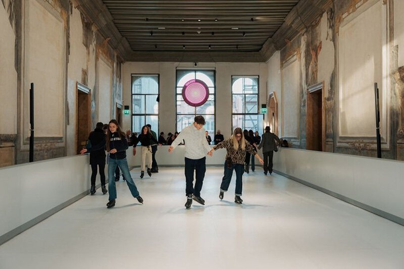 sustainable ice skating rink occupies palazzo diedo's frescoed banquet hall in venice