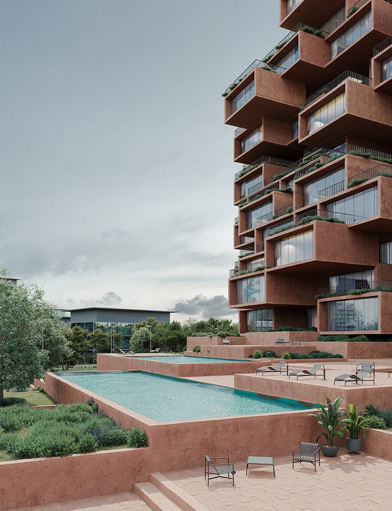 stacked earthen red volumes shape tectonic rhythm of residential tower in athens