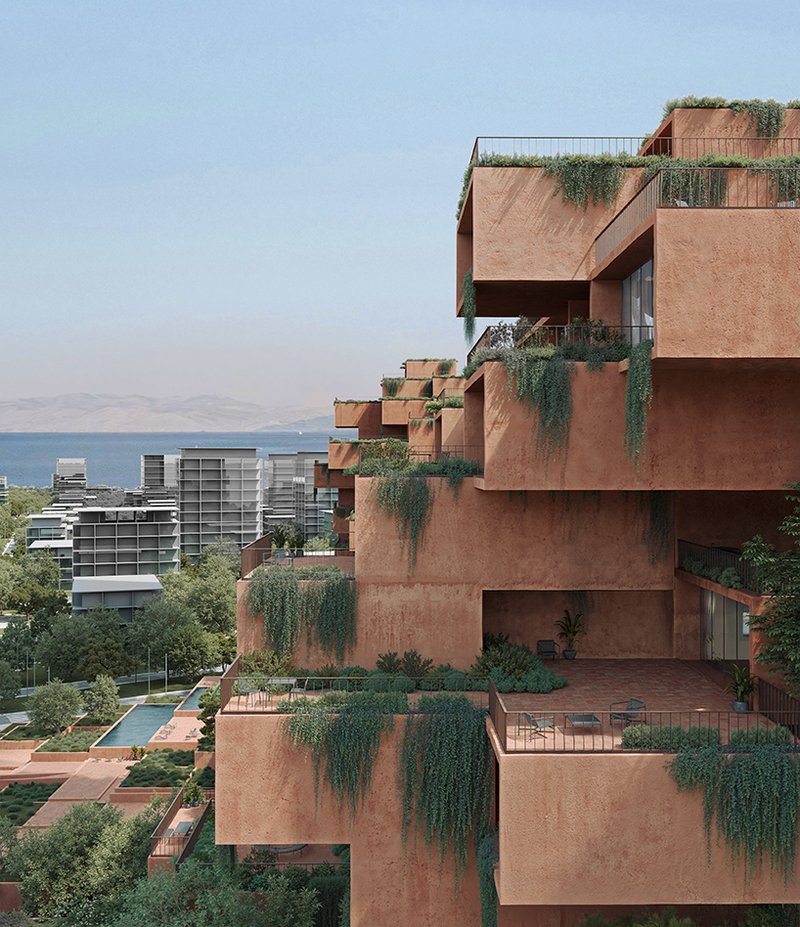 stacked earthen red volumes shape tectonic rhythm of residential tower in athens