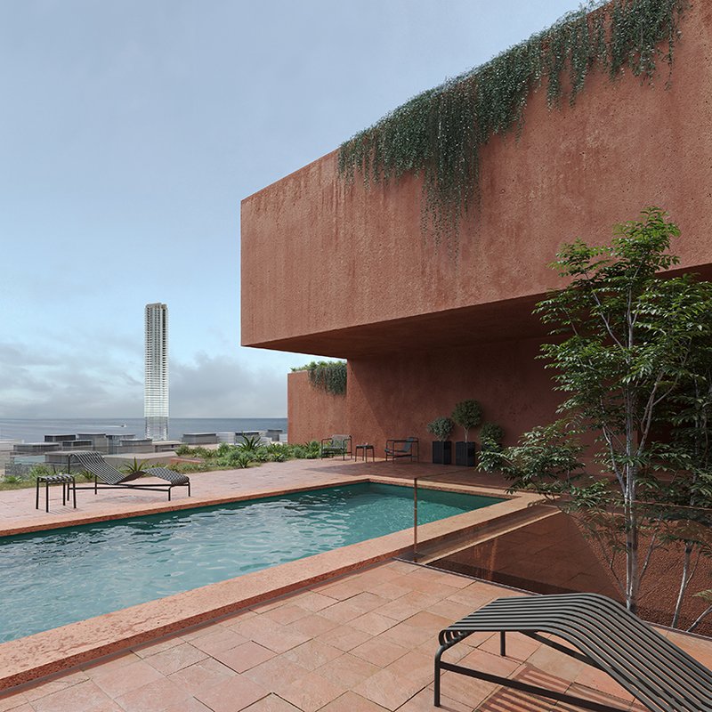 stacked earthen red volumes shape tectonic rhythm of residential tower in athens