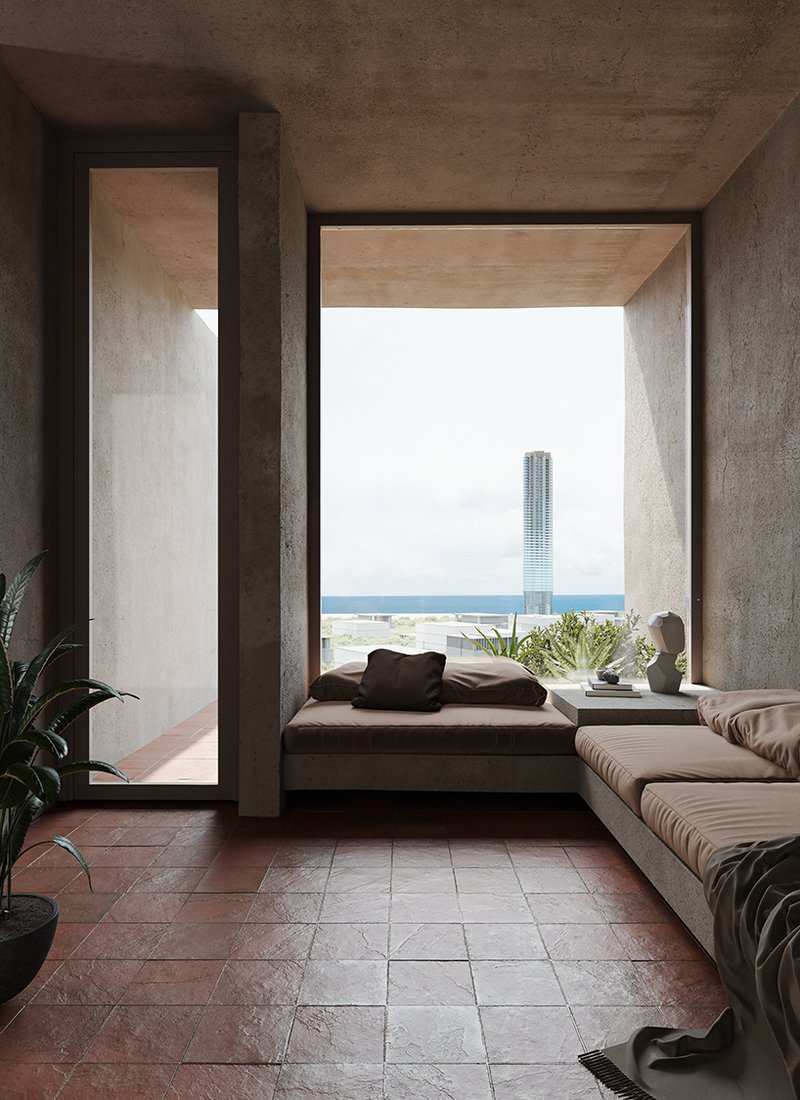 stacked earthen red volumes shape tectonic rhythm of residential tower in athens